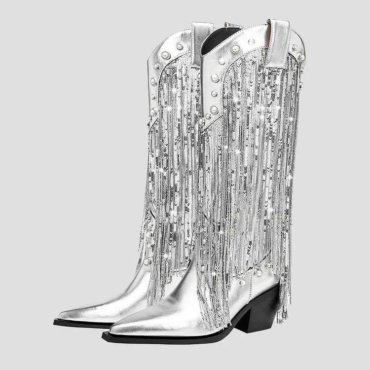 Pearl Decor Long Fringe Sequin Boots-Silver