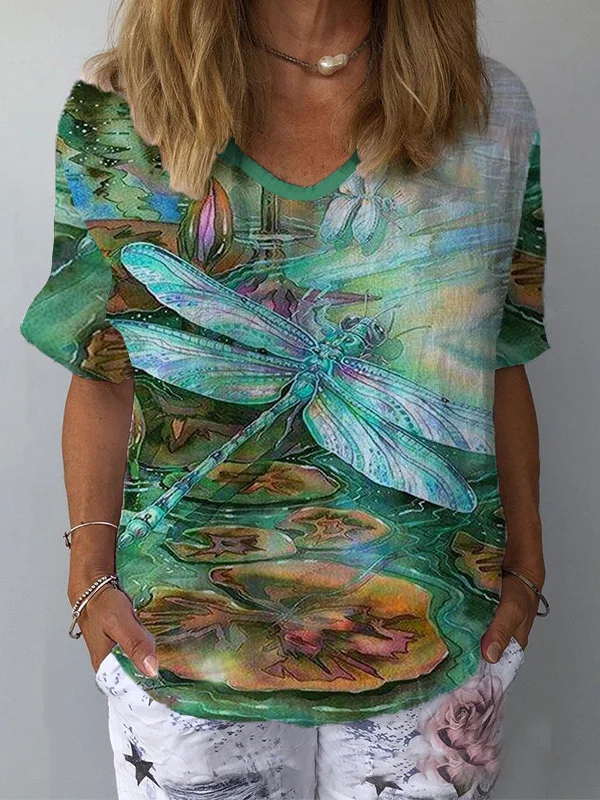 Dragonfly Printed Half Sleeve V-Neck Casual Tee