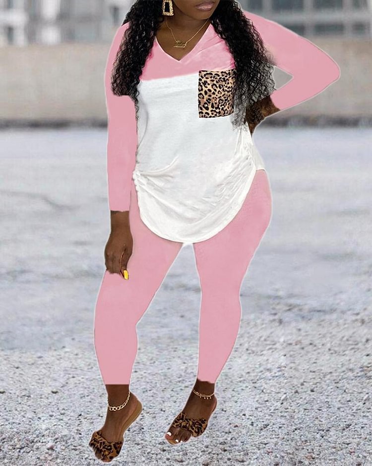 Colorblock & Leopard Print Curved Hem Top & Pants Set - Shop Trendy Women's Clothing | LoverChic