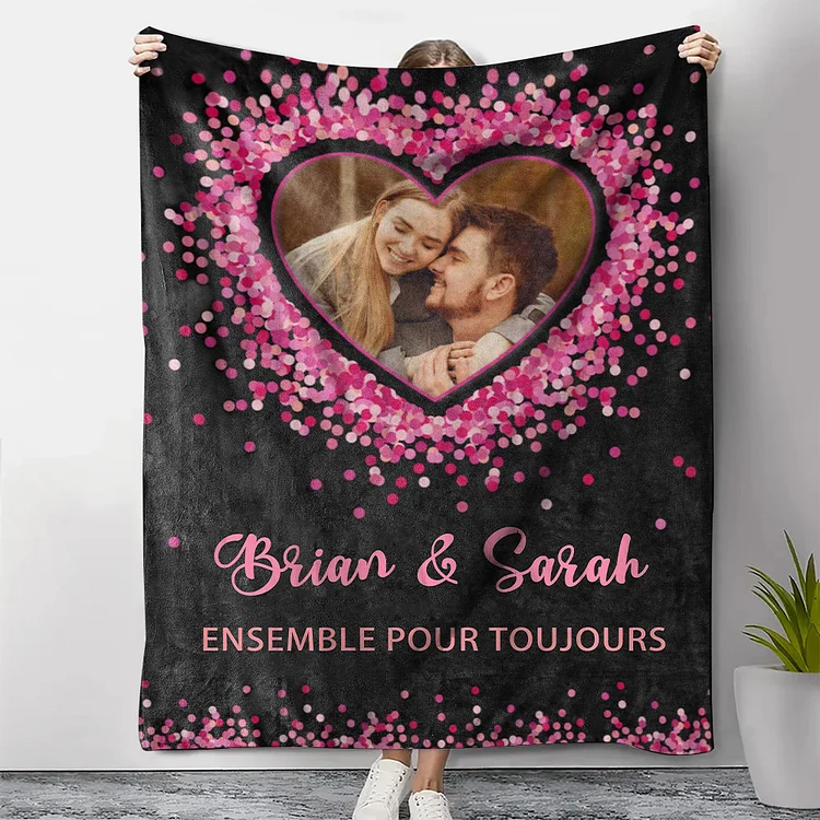 Couverture Plaids Polaire Cœur 2 Prénoms Personnalisés avec Photo pour