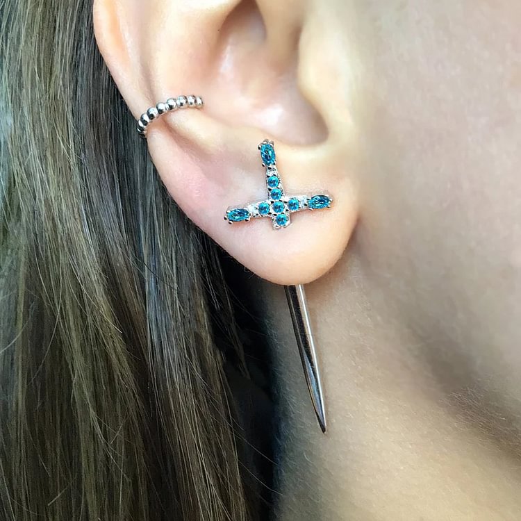 925 Sterling Silver Aquamarine Sword Dagger Earrings