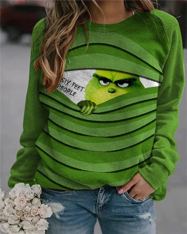 Printed Round Neck Long Sleeve Green Sweatshirt