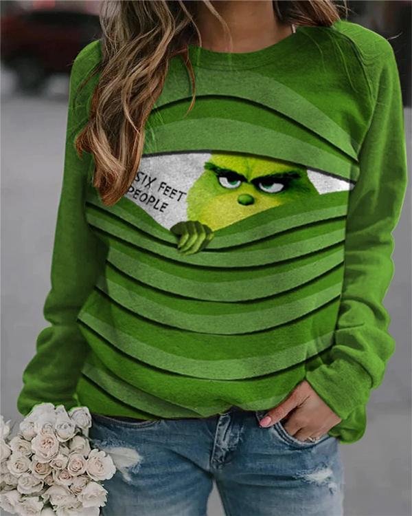 Printed Round Neck Long Sleeve Green Sweatshirt