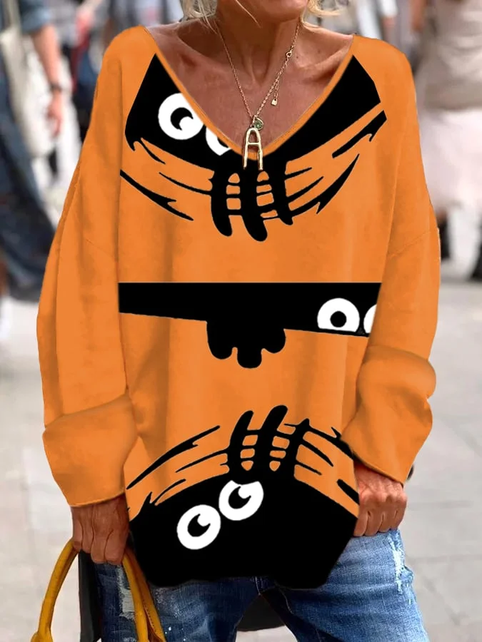 Women's Halloween Peek Monster Print Casual Long Sleeve T-Shirt socialshop