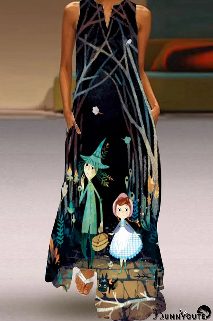 Black Green Casual Vintage Print Patchwork V Neck Straight Dresses