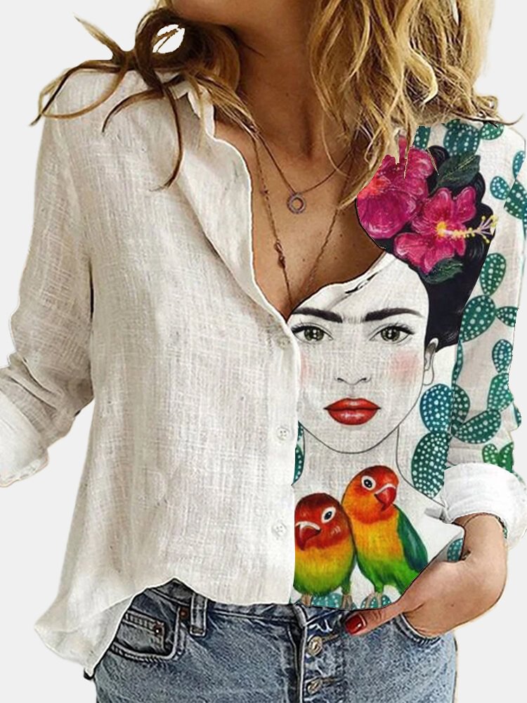 Cartoon Printed Lapel Collar Button Down Long Sleeve Blouse P1729123