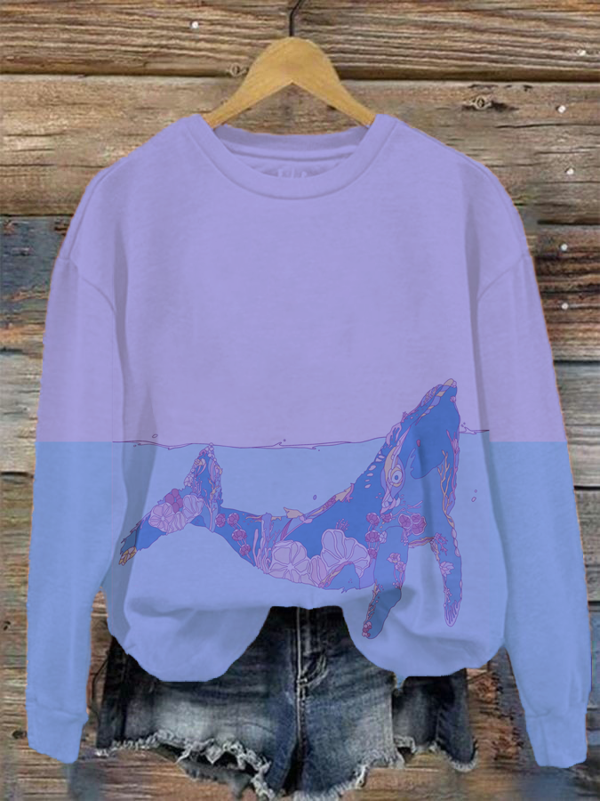 Women's Collision Whale Splicing Sea Beautiful Protection Ocean Commemorative Ocean Print Sports Illustration Crewneck Sweatshirt