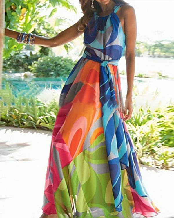Multicolor Abstract Printed Halter Boho Dress