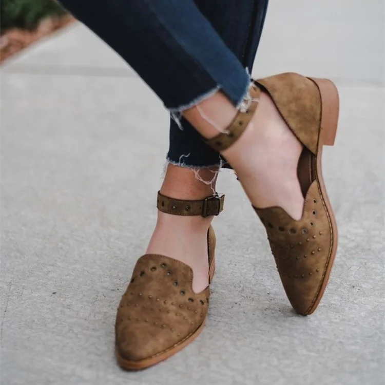 Brown Vegan Suede Studs Hollow Out Ankle Strap Loafers for Women |FSJ Shoes