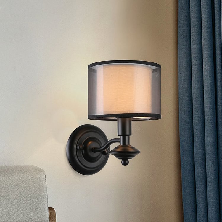 1 Bulb Fabric Wall Lighting Ideas Retro Black Double Drum Shade Corridor Sconce Light Fixture