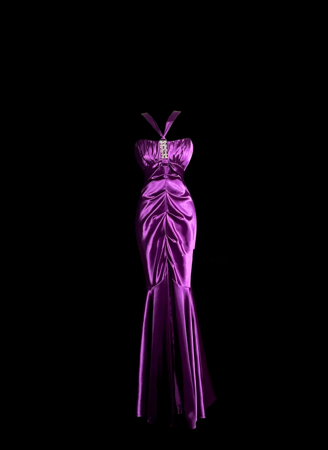 Vintage Mermaid Halter Satin Grape Satin Pleated Long Prom Dress Party Dress  Graduation Dresses HZ1214