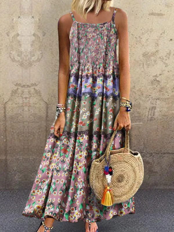 Plus Size Women's Maxi Dress Cotton Linen Floral Print Slip Boho Dress