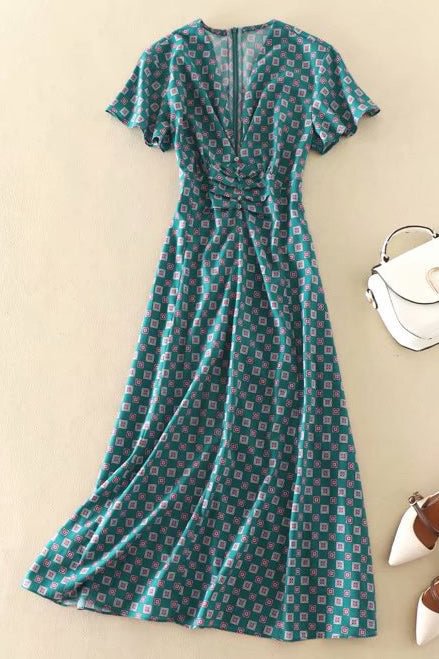 Kate Middleton V-neck Printed Midi Dress - BlackFridayBuys