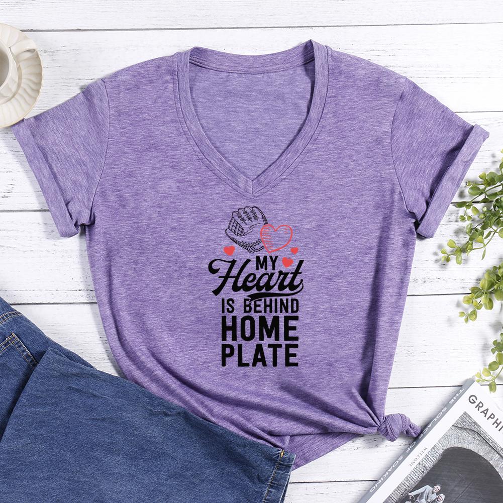 Mom Baseball My Heart Is Behind Home Plate V-neck T Shirt-Guru-buzz