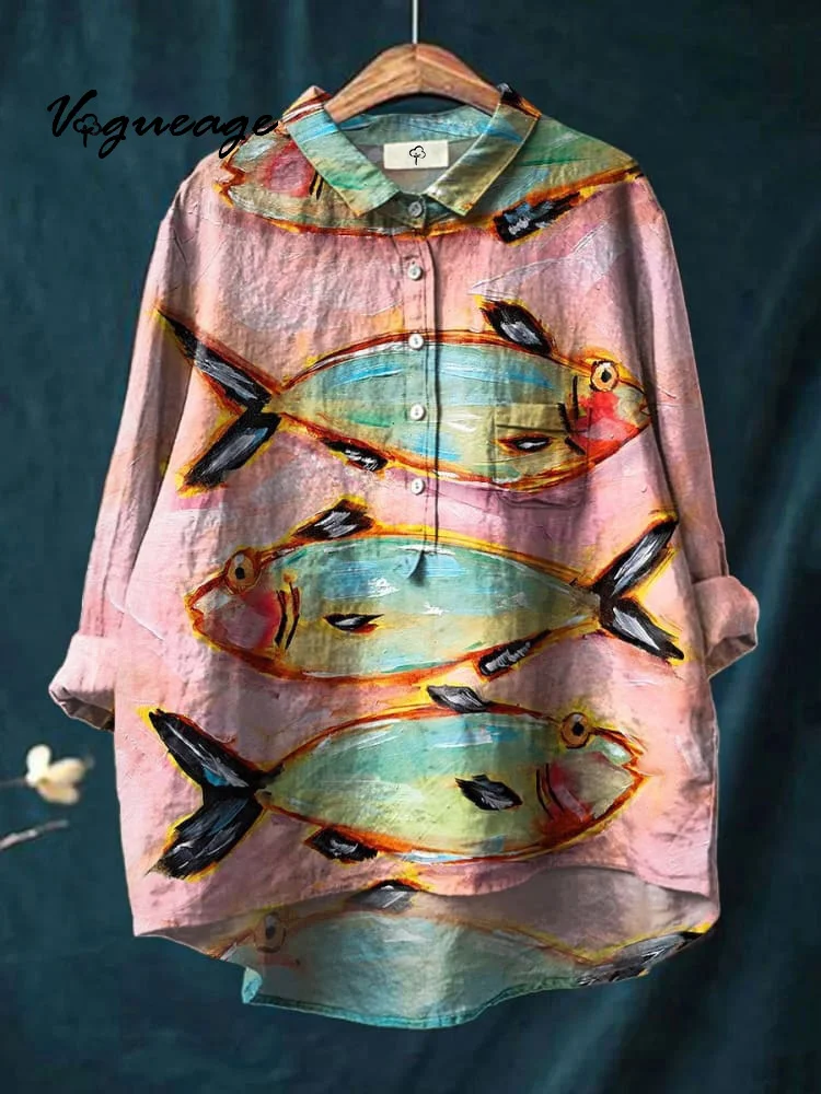 Simple And Fresh Fish Printed Cotton And Linen Shirt