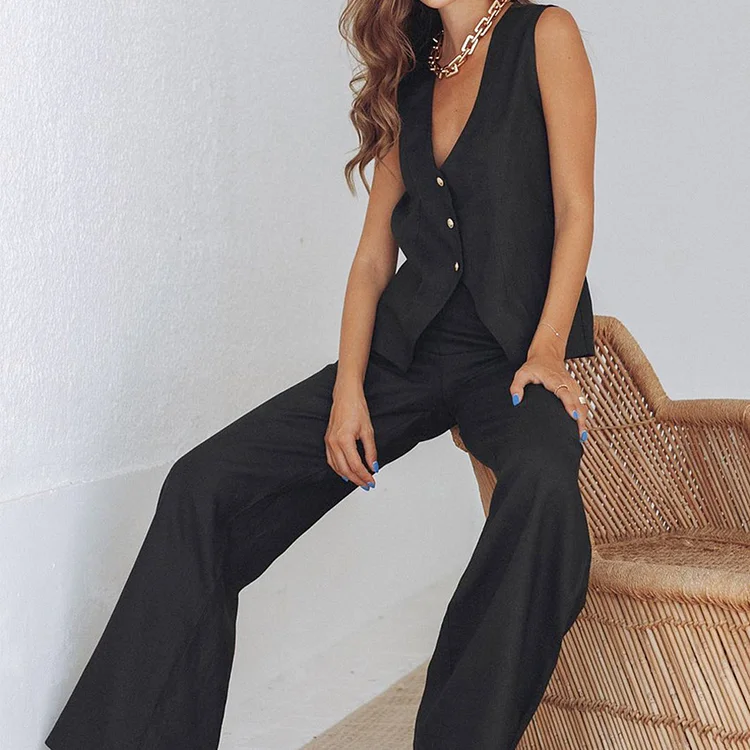 Casual Cotton Sleeveless Vest and Wide Leg Pants Suits