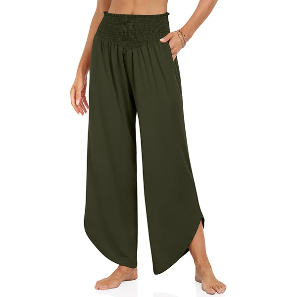 TARSE Womens Wide Leg Pants Comfy Smocked High Waisted Yoga Pants 110