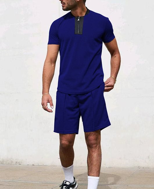 Sporty Plain Spliced Half Zipper Short Sleeve Shirt & Shorts 2Pcs Set