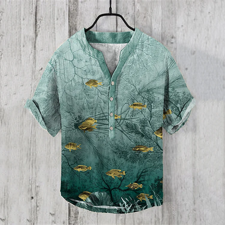Comstylish Fish Print V-Neck Short Sleeved Linen Blend Shirt