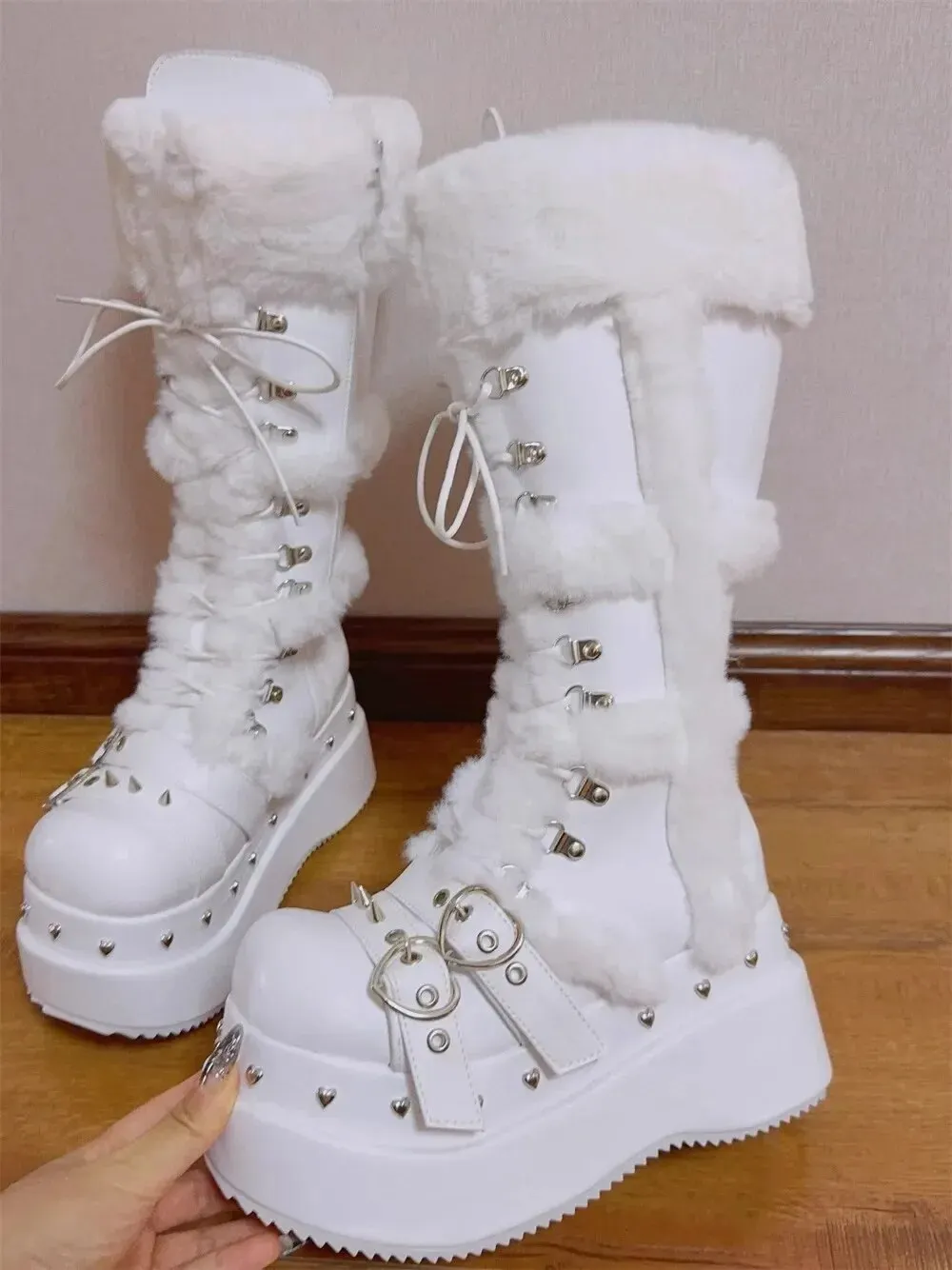 VCshoes Women Punk Long Boots Woman High Wedges Heels Pumps Lady Party Shoes European Style Retro Custom Girl White Fur Boots 8cm