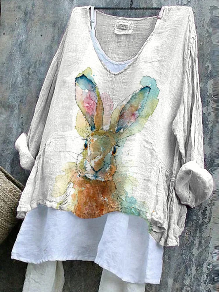 Comstylish Bunny Watercolor Art Painting Print Linen Blend Shirt