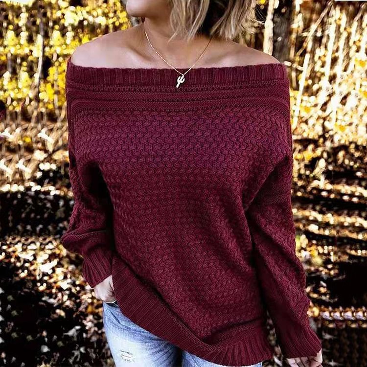Comstylish One-Shoulder Solid Color Casual Knitted Sweater