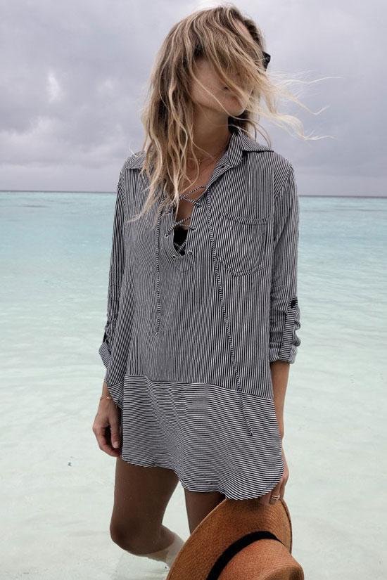 Leisure Lace Up Striped Printed High Low Hemline Cover Up Blouse - Shop Trendy Women's Clothing | LoverChic
