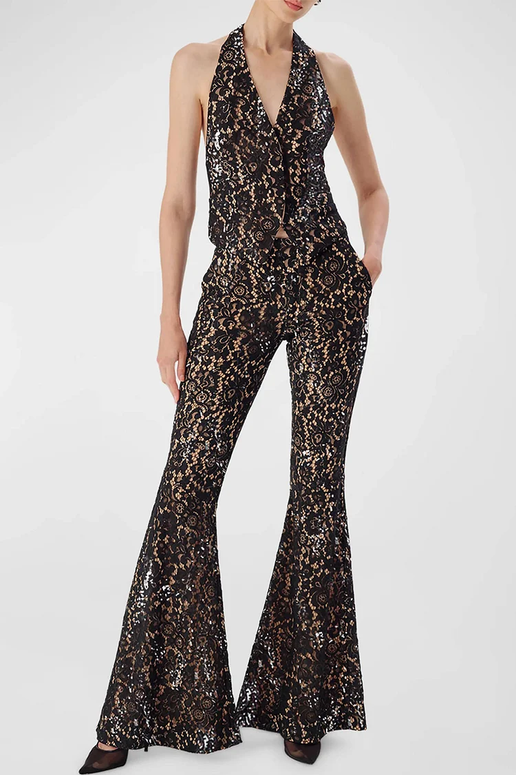 Party Sequin All Over Print Halter Collar Tops & Flare Leg Pants Two Pieces Set-Black [Pre-Order]