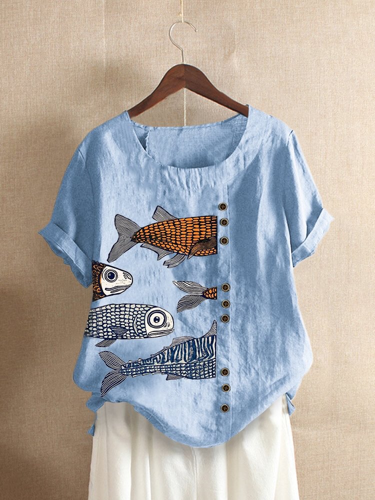 Fish Print O neck Short Sleeve Button Casual T Shirt For Women P1823248