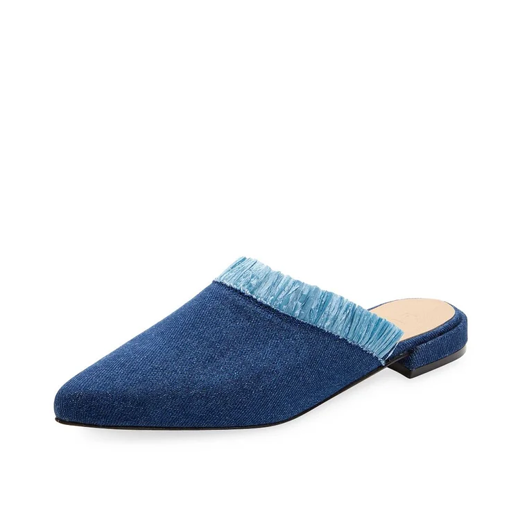 Women's Blue Denim Fringe Pointed Toe Flat Mules |FSJ Shoes