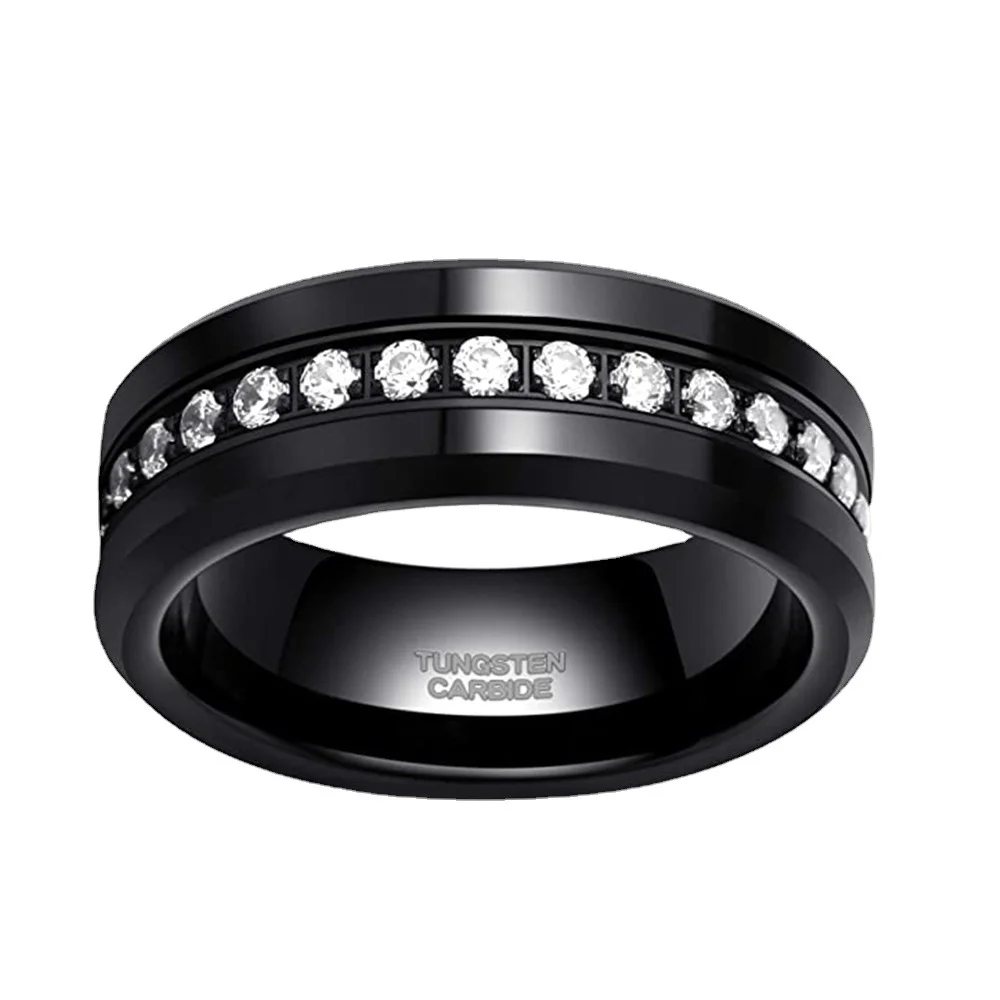 8mm Men's Tungsten Ring Black Silver CZ Inlay Wedding Band Titanium