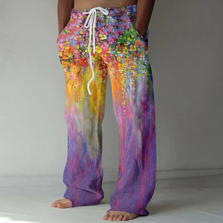 Colorful Oil Painting Flowers Print Lounge Pants