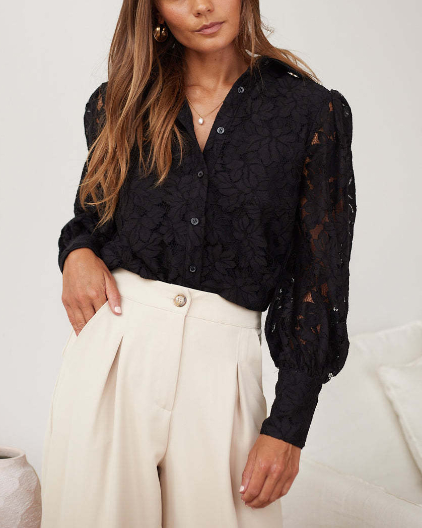 Lace Cut Out Detail Long Puff Sleeve Shirt