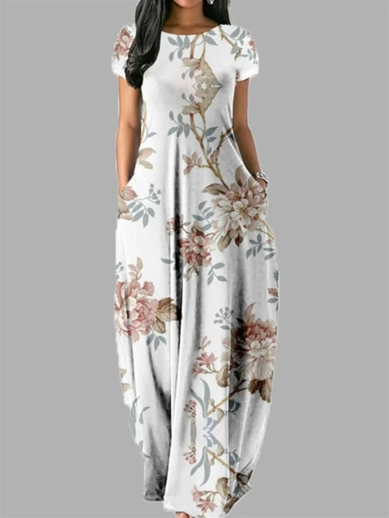 Women"s Short Sleeve Scoop Neck Floral Printed Maxi Dress