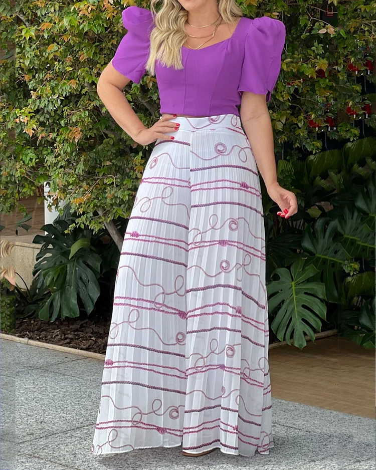 Casual Square Neck Top & Printed Pants Two-Piece Set