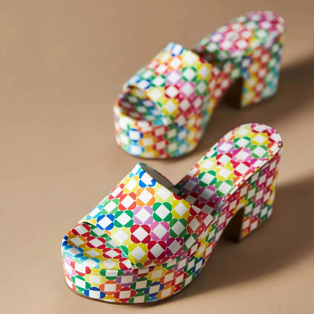 Multicolor Open Toe Chunky Heel Platform Mules for Women Nicepairs
