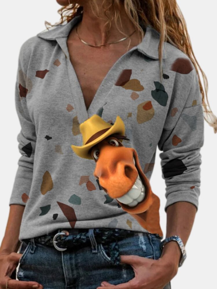 Cartoon Print V neck Long Sleeve Casual T Shirt For Women P1780101