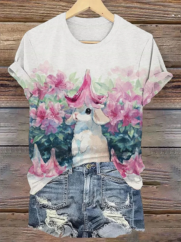Women's Cute Rabbit and Cat Printed Crew Neck T-Shirt socialshop