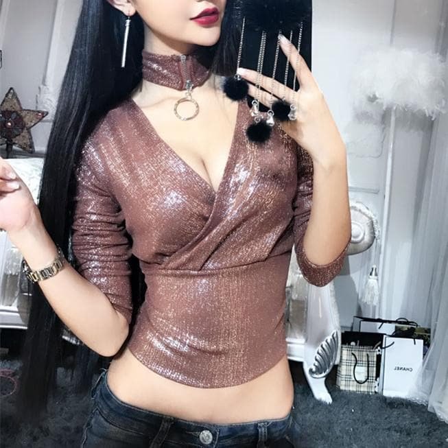Brown/Black Shining Long Sleeve Top SP1811945