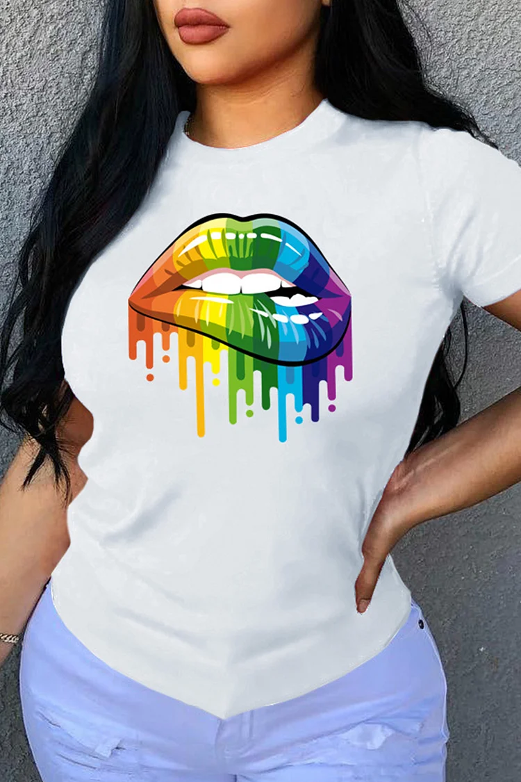 White Fashion Casual Lips Printed Patchwork O Neck T-Shirts