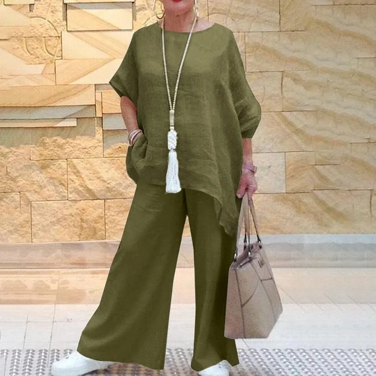 Casual Loose Asymmetric Long-Sleeved T Shirt Wide Leg Pants Two Piece Set