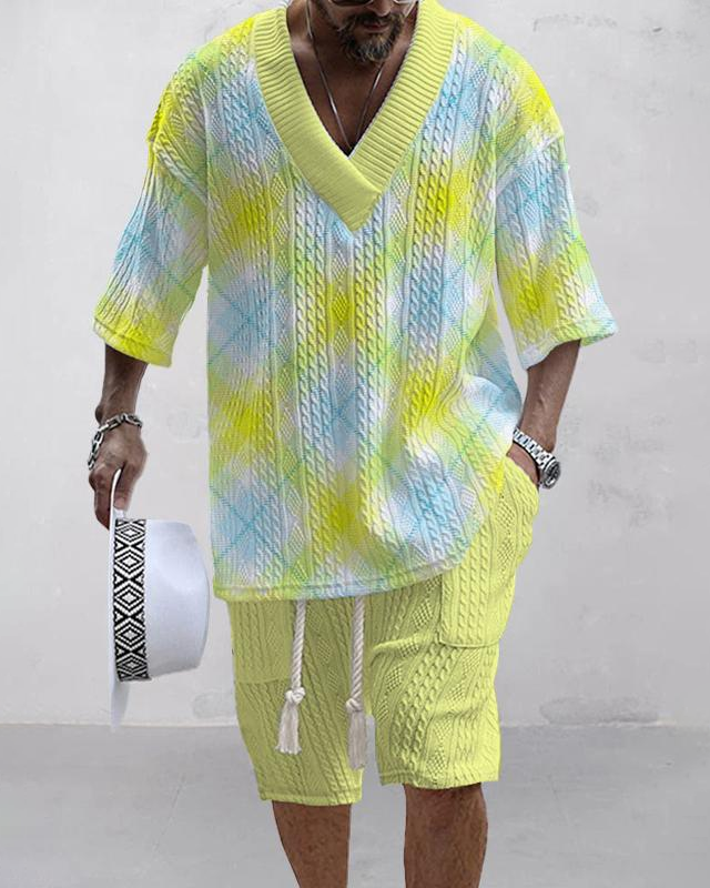 Men's V-neck luxury textured print shorts Set 028