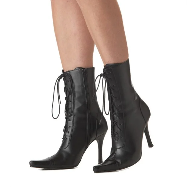Black Stiletto Heel Witch Mid-Calf Lace Up Boots for Halloween |FSJ Shoes