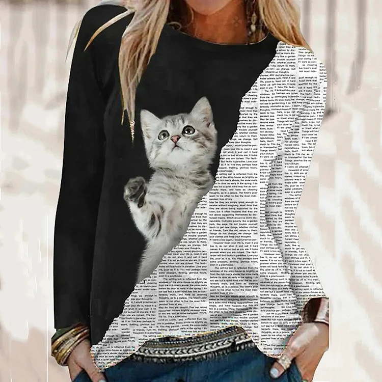 Vefave Cat Paneled Letter Print Long Sleeve T-Shirt