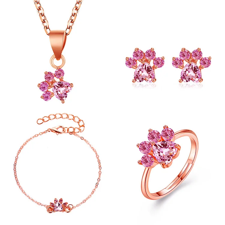 Cute Cartoon Cat Paw Crystal Jewelry Set