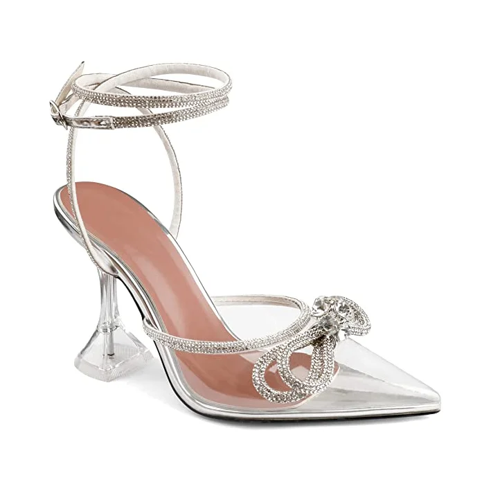 95mm Women's Stiletto Heel Ankle Strap Pumps Pointed Toe Diamond High Heels Sandals Summer Banquet Wedding Shoes-MERUMOTE