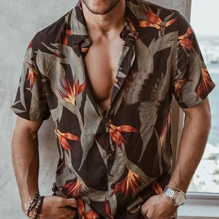 Men's printed cotton linen Hawaiian shirt