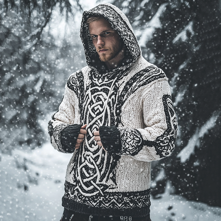 Men's Viking Style Knitted Jacquard Hooded Sweater