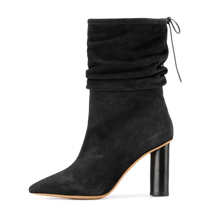 Black Slouch Chunky Heel Mid-calf Suede Boots Vdcoo