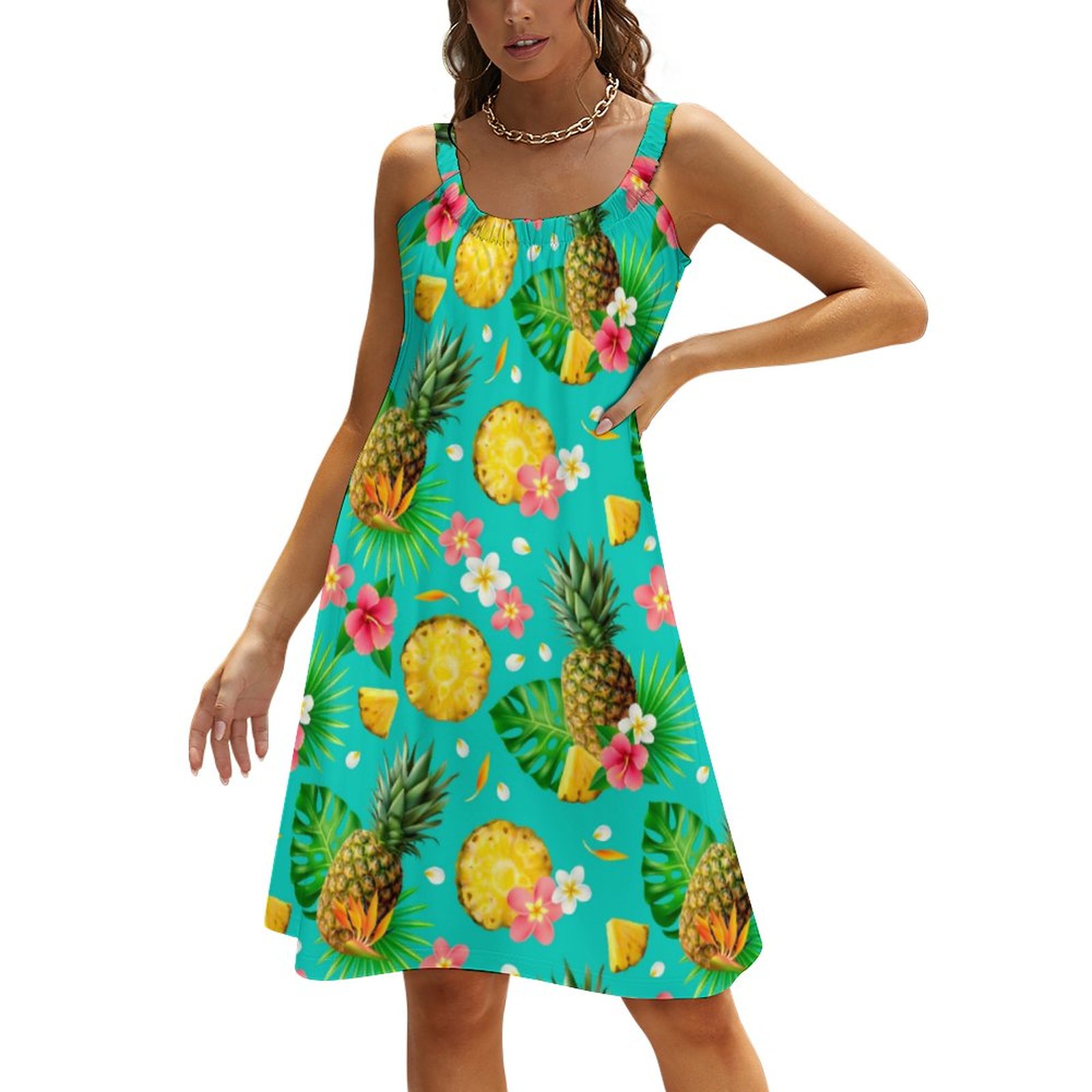 Summer Vacation Holiday Pineapple Yellow Green Summer Hawaiian Beach Dresses Casual Sling Sleeveless Printed Knee Length Dress Green-2XL